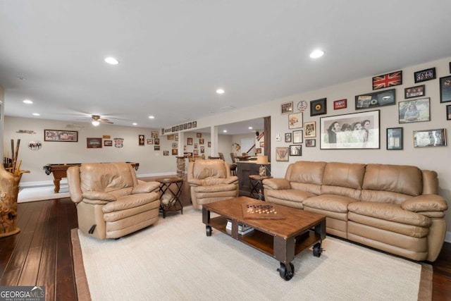 living area featuring recessed lighting, wood-type flooring, ceiling fan, billiards table, and baseboards