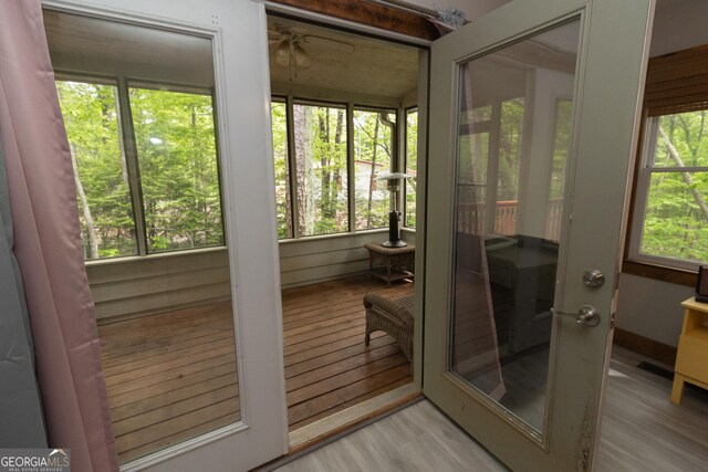 sunroom / solarium featuring a ceiling fan and wood finished floors