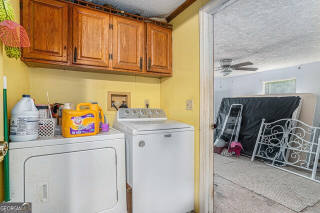 2249 Jackson Lake Rd, Mansfield, GA 30055 - washroom with washer and dryer, a textured ceiling, a ceiling fan, carpet flooring, and cabinet space