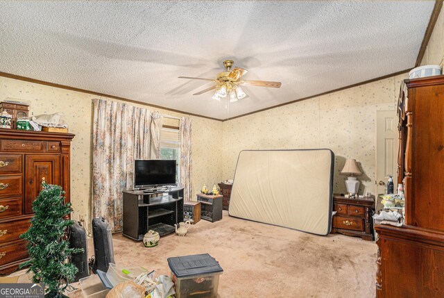 2249 Jackson Lake Rd, Mansfield, GA 30055 - bedroom featuring crown molding, carpet, a textured ceiling, wallpapered walls, and vaulted ceiling