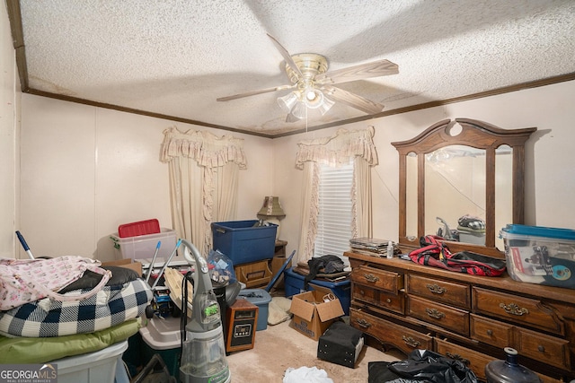 2249 Jackson Lake Rd, Mansfield, GA 30055 - carpeted bedroom featuring crown molding, a ceiling fan, and a textured ceiling