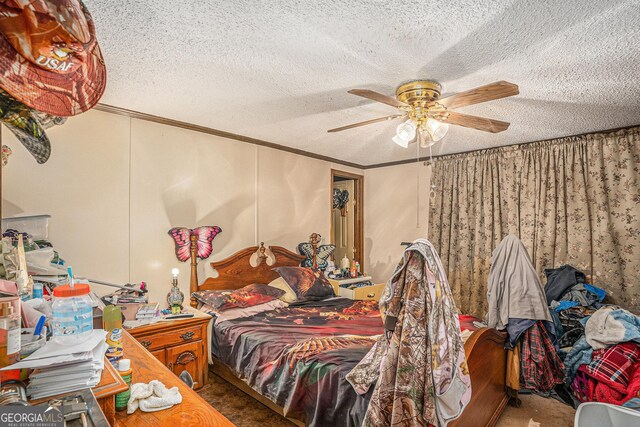 2249 Jackson Lake Rd, Mansfield, GA 30055 - carpeted bedroom featuring ceiling fan, a textured ceiling, and crown molding
