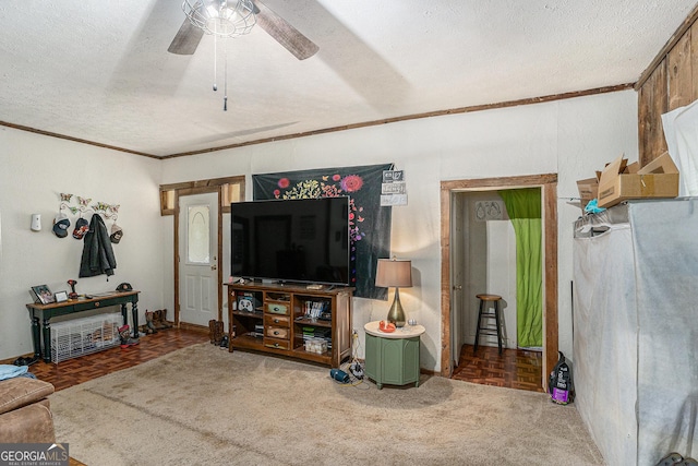 2249 Jackson Lake Rd, Mansfield, GA 30055 - living area with ceiling fan, a textured ceiling, ornamental molding, and baseboards