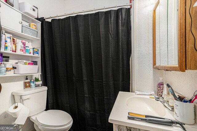 2249 Jackson Lake Rd, Mansfield, GA 30055 - bathroom with a textured wall, toilet, a sink, and a shower with shower curtain