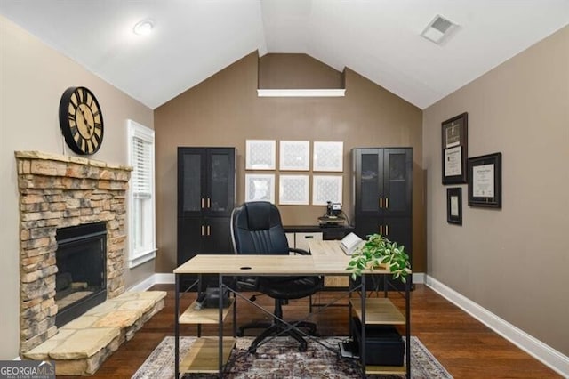 4415 Saint Andrews Crest Dr, Cumming, GA 30040 - office area with wood finished floors, a fireplace, vaulted ceiling, and plenty of natural light