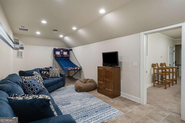 4415 Saint Andrews Crest Dr, Cumming, GA 30040 - living area featuring recessed lighting, light colored carpet, and vaulted ceiling