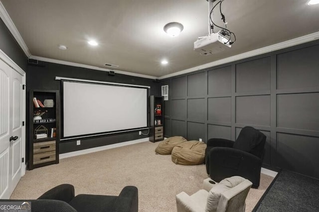 4415 Saint Andrews Crest Dr, Cumming, GA 30040 - carpeted home theater with a decorative wall, crown molding, and recessed lighting