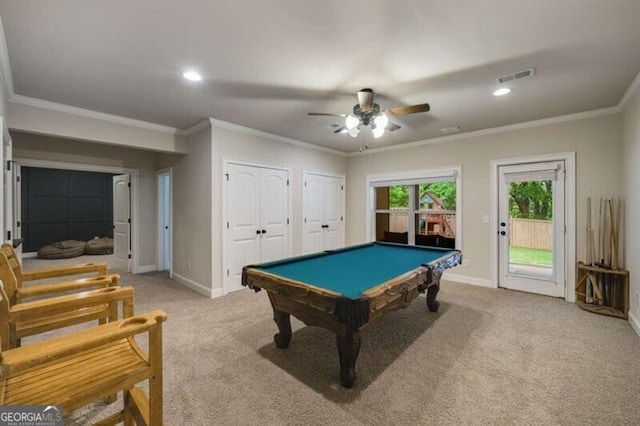 4415 Saint Andrews Crest Dr, Cumming, GA 30040 - playroom featuring light colored carpet, billiards table, a ceiling fan, ornamental molding, and recessed lighting