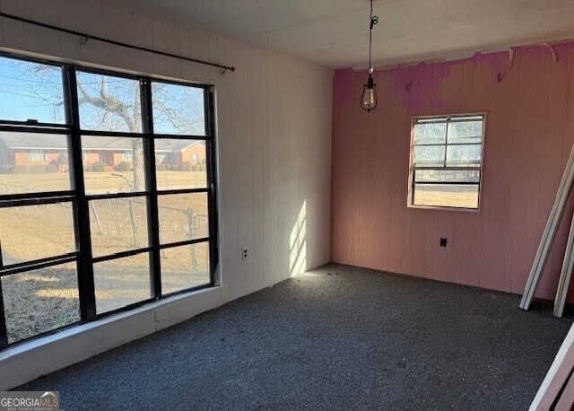 carpeted empty room featuring wooden walls