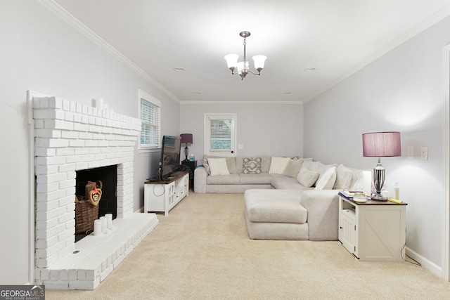 220 N Springs Ct, Sandy Springs, GA 30328 - living area featuring carpet floors, a chandelier, crown molding, and a fireplace