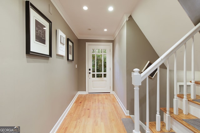 220 N Springs Ct, Sandy Springs, GA 30328 - doorway to outside with light wood-style floors, stairs, crown molding, and recessed lighting