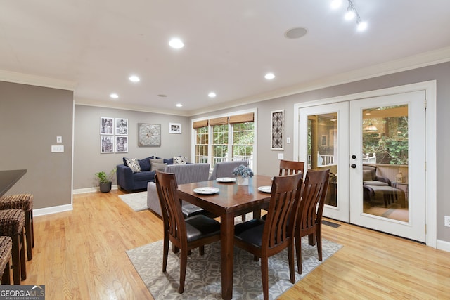220 N Springs Ct, Sandy Springs, GA 30328 - dining room with french doors, crown molding, light wood-style flooring, and recessed lighting