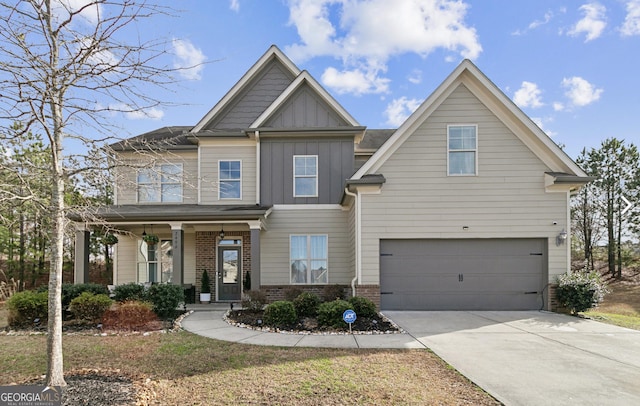 2496 Osceola Rd, Lithonia, GA 30058 - craftsman inspired home featuring board and batten siding, an attached garage, brick siding, driveway, and covered porch