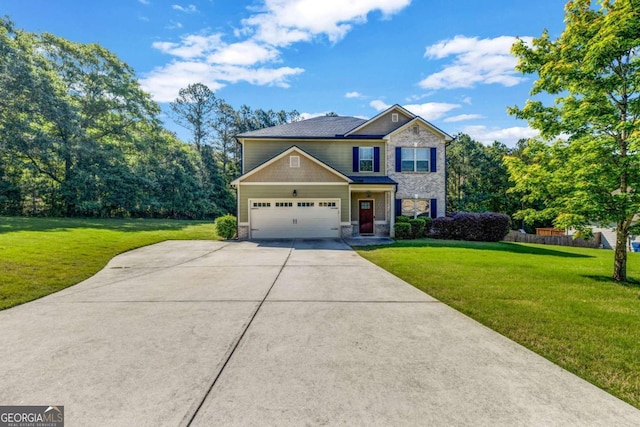 2102 Braswell Ln, Loganville, GA 30052 - view of front of property featuring driveway, stone siding, a front yard, and a garage