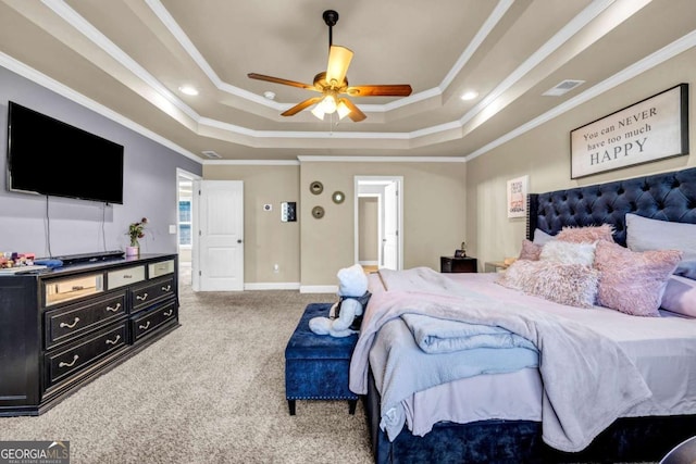 2102 Braswell Ln, Loganville, GA 30052 - bedroom with a raised ceiling, carpet flooring, ornamental molding, baseboards, and recessed lighting