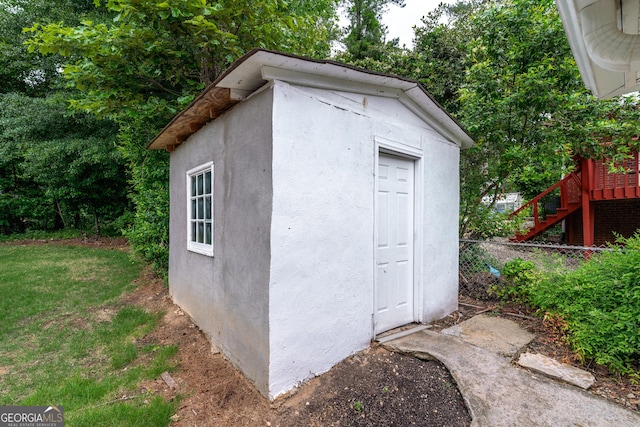 view of shed with stairway