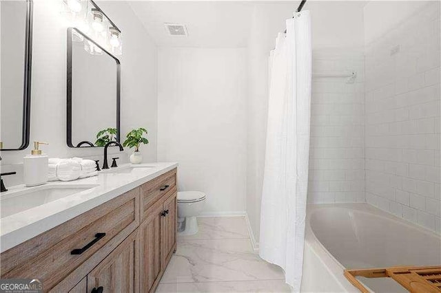 1135 Kilmington Ct, Alpharetta, GA 30009 - full bathroom with marble look tile flooring, double vanity, shower / tub combo with curtain, toilet, and baseboards