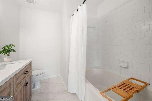 1135 Kilmington Ct, Alpharetta, GA 30009 - bathroom featuring toilet, vanity, shower / bath combination with curtain, and marble look tile flooring