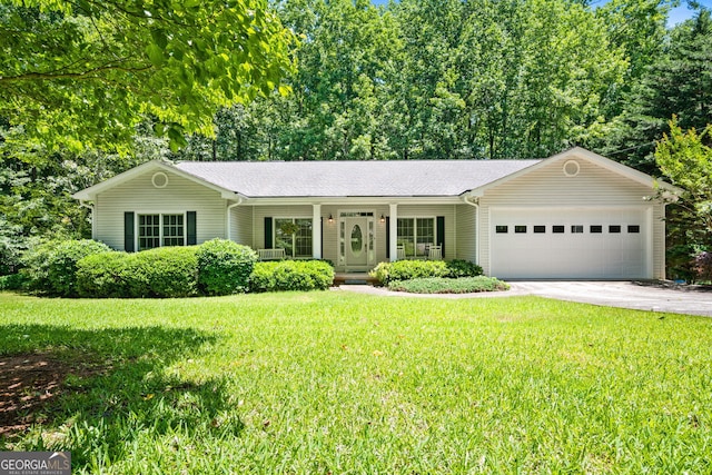 1294 Red Rock Rd, Acworth, GA 30101 - ranch-style house featuring a porch, a garage, driveway, a front yard, and a shingled roof