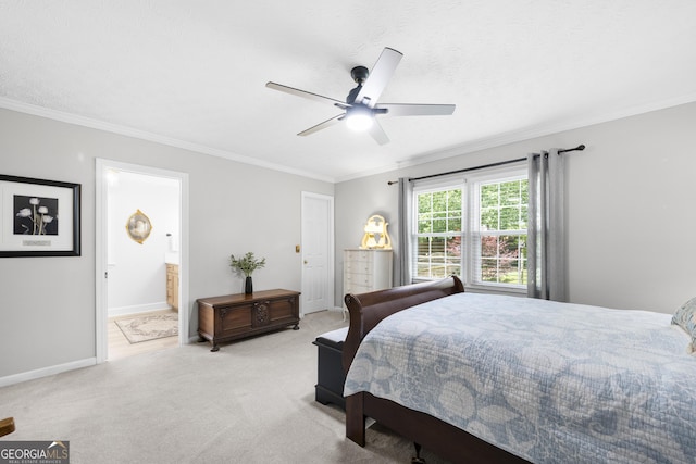 503 Bonnie Dr, Woodstock, GA 30188 - bedroom featuring ornamental molding, carpet, baseboards, connected bathroom, and ceiling fan