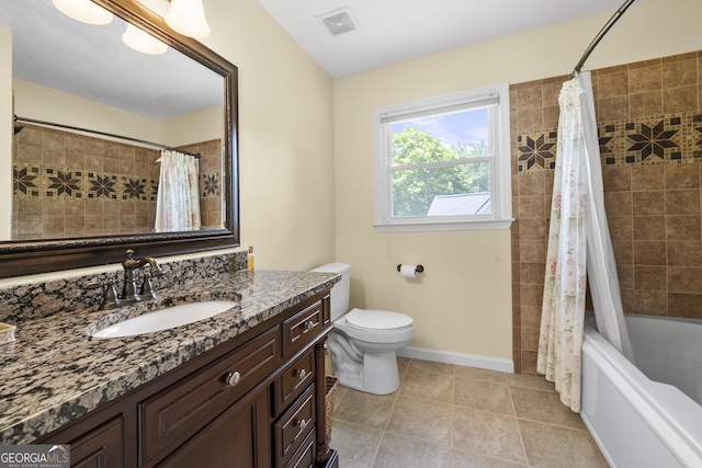 503 Bonnie Dr, Woodstock, GA 30188 - full bath featuring tile patterned floors, vanity, toilet, shower / bath combo with shower curtain, and baseboards