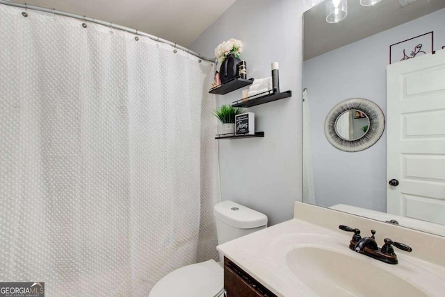 7933 Heathmore Dr, Fairburn, GA 30213 - full bath featuring vanity, toilet, and a shower with shower curtain