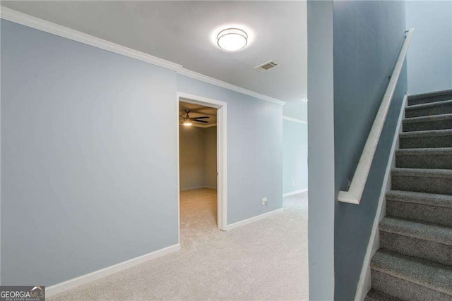 7933 Heathmore Dr, Fairburn, GA 30213 - stairs featuring carpet floors, a ceiling fan, baseboards, and ornamental molding