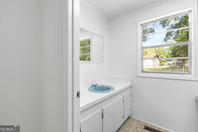 bathroom with ornamental molding, plenty of natural light, and vanity