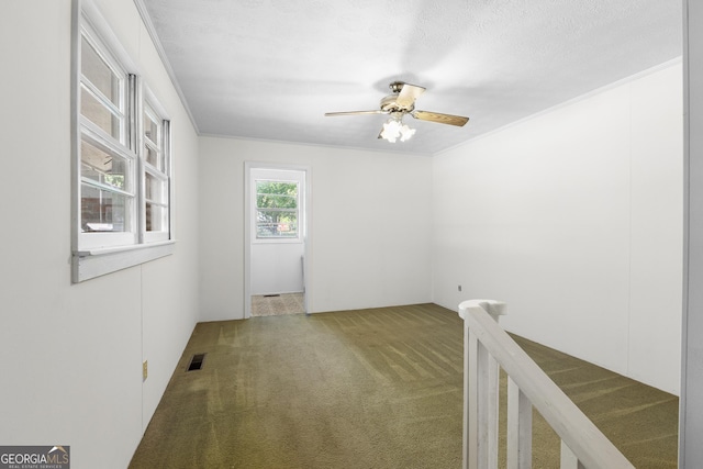 spare room featuring carpet floors, a ceiling fan, and ornamental molding