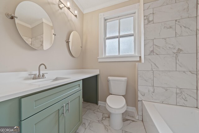 409 N Jefferson Ave, Eatonton, GA 31024 - full bathroom featuring marble finish flooring, ornamental molding, toilet, vanity, and baseboards