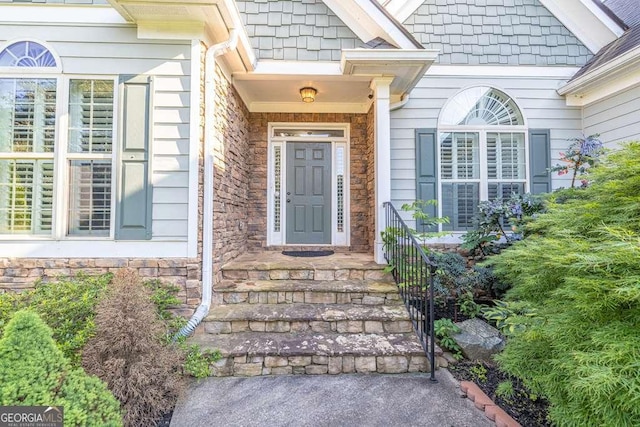 doorway to property featuring stone siding