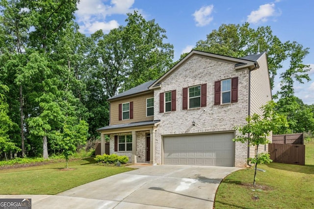 view of front of house with an attached garage, concrete driveway, and brick siding
