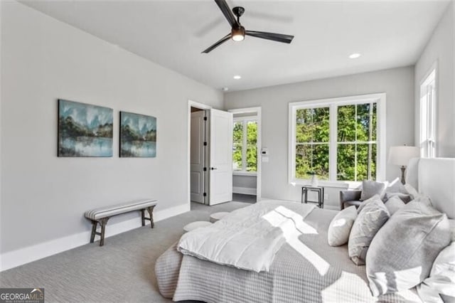 bedroom featuring carpet, recessed lighting, baseboards, and a ceiling fan
