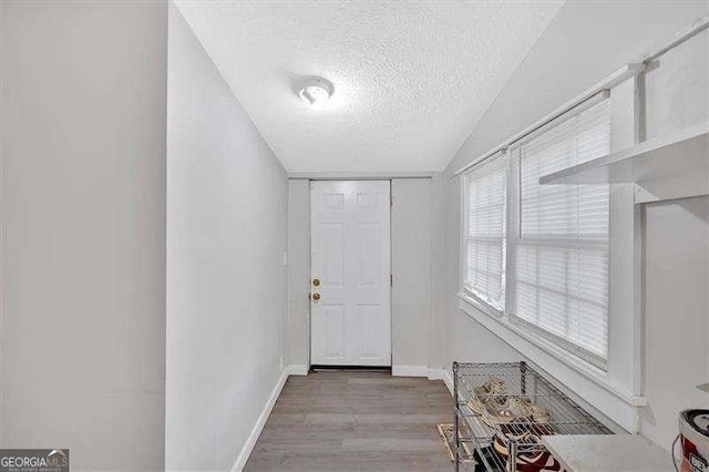 104 Dellwood Dr NW, Rome, GA 30165 - doorway with a textured ceiling, wood finished floors, baseboards, and lofted ceiling