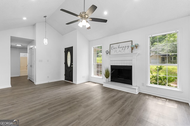 118 Greentree Pkwy, Macon, GA 31220 - unfurnished living room featuring high vaulted ceiling, dark wood-style floors, a ceiling fan, and a fireplace