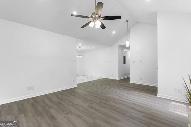 118 Greentree Pkwy, Macon, GA 31220 - unfurnished living room with ceiling fan, lofted ceiling, dark wood-style floors, and recessed lighting