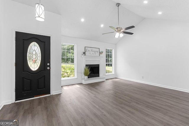 118 Greentree Pkwy, Macon, GA 31220 - unfurnished living room with ceiling fan, dark wood-style floors, recessed lighting, baseboards, and high vaulted ceiling