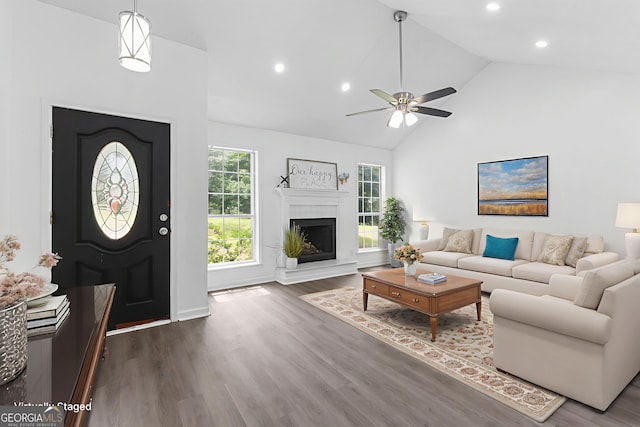 118 Greentree Pkwy, Macon, GA 31220 - living area with a ceiling fan, dark wood finished floors, high vaulted ceiling, recessed lighting, and a fireplace with raised hearth