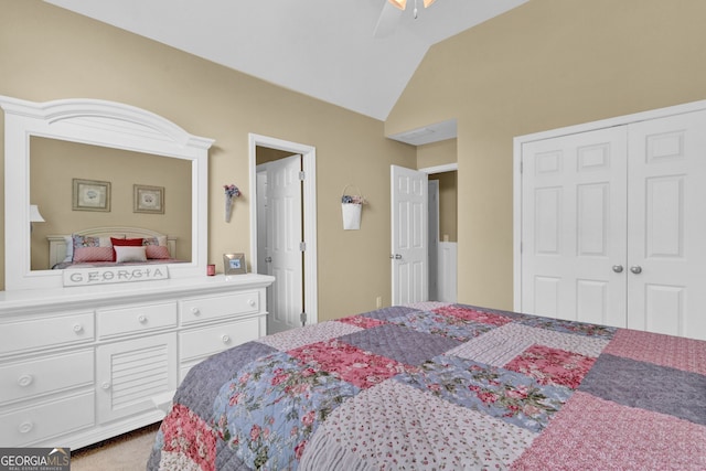 carpeted bedroom featuring lofted ceiling, a closet, and ceiling fan