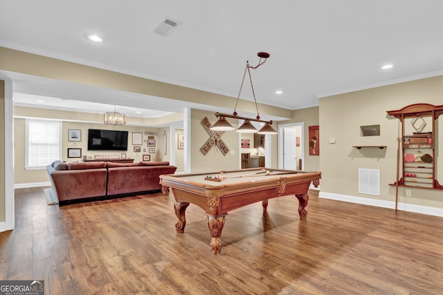 rec room featuring recessed lighting, wood finished floors, baseboards, crown molding, and billiards table