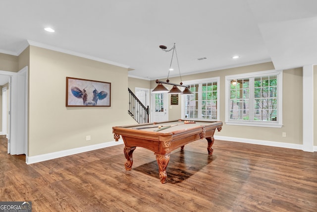 recreation room featuring ornamental molding, wood finished floors, baseboards, pool table, and recessed lighting