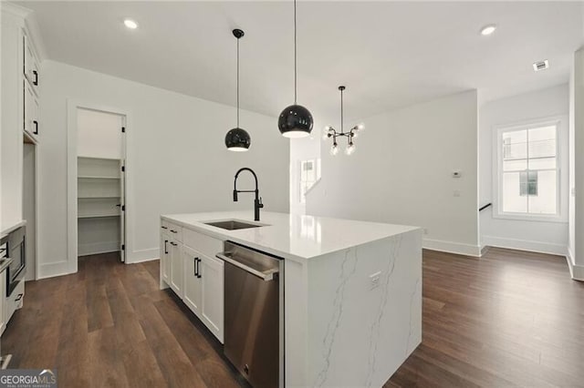 2150 Tidwell Ln Unit 5, Atlanta, GA 30318 - kitchen with a sink, stainless steel dishwasher, dark wood finished floors, white cabinets, and decorative light fixtures