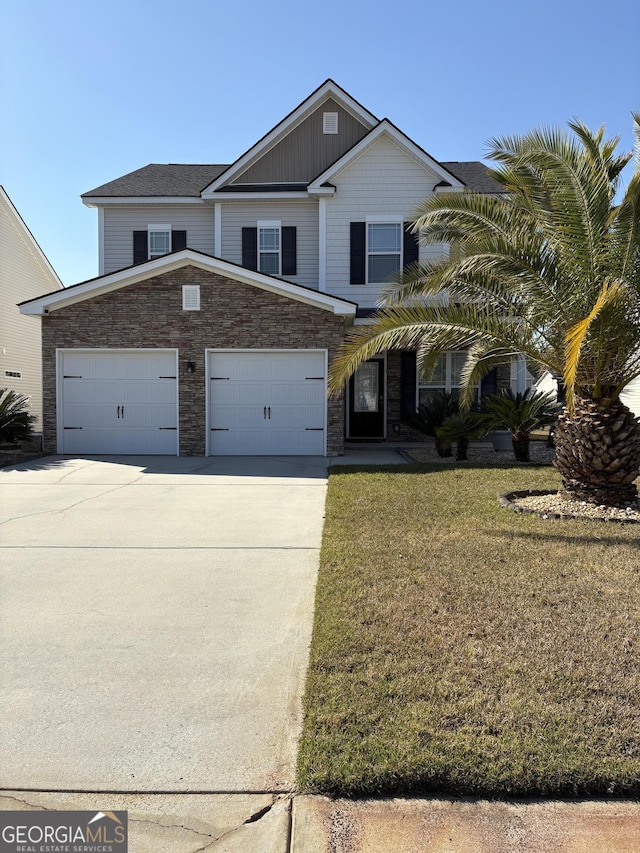 124 Somersby Blvd, Pooler, GA 31322 - view of front of property featuring driveway, a garage, a front lawn, and stone siding