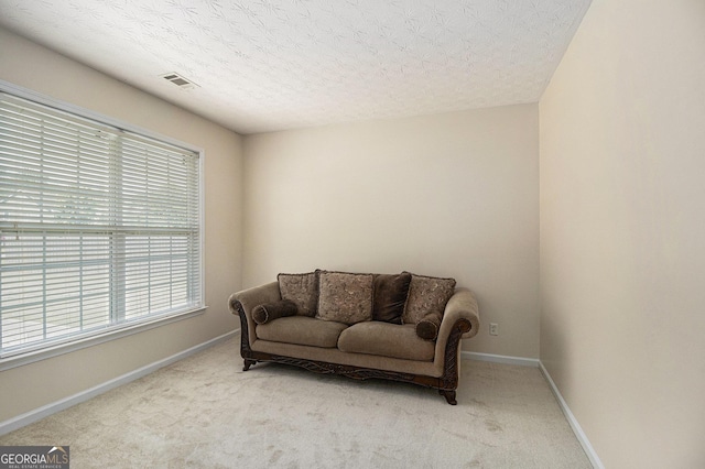 living area with a textured ceiling, light colored carpet, and baseboards