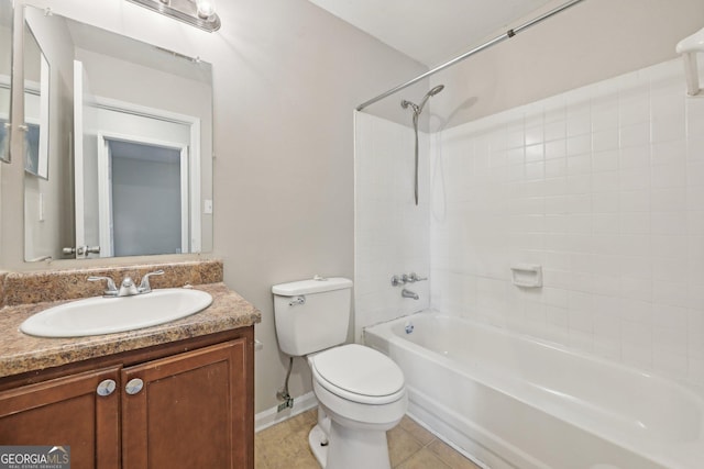5362 Kelleys Mill Cir, Stone Mountain, GA 30088 - bathroom featuring vanity, toilet, baseboards, tile patterned flooring, and shower / tub combination