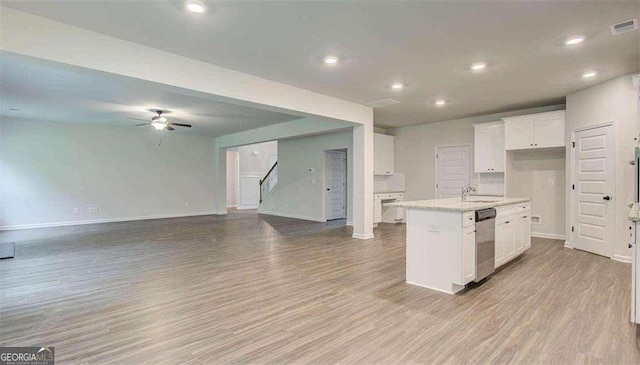 120 Cooper Cv W Lot 60, Fayetteville, GA 30214 - kitchen with a ceiling fan, dishwasher, light wood-style flooring, white cabinetry, and recessed lighting