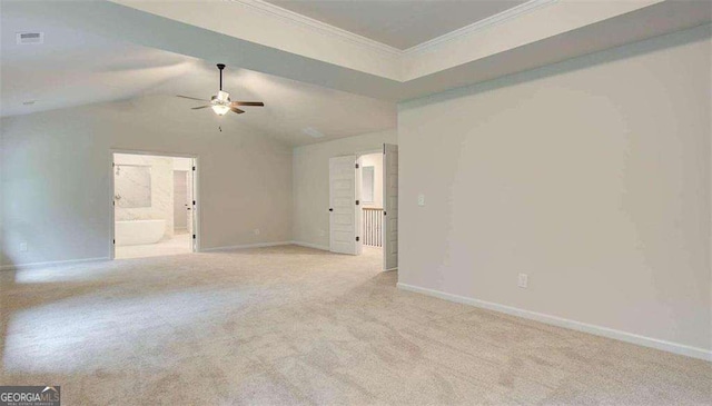 120 Cooper Cv W Lot 60, Fayetteville, GA 30214 - empty room featuring a ceiling fan, light colored carpet, crown molding, and lofted ceiling