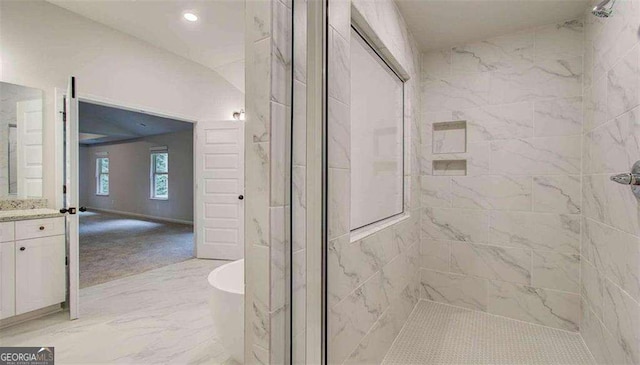 120 Cooper Cv W Lot 60, Fayetteville, GA 30214 - full bath with a freestanding tub, a tile shower, vanity, marble finish floors, and recessed lighting