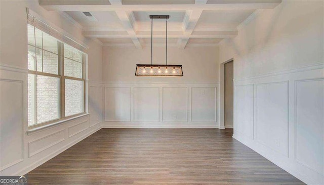 120 Cooper Cv W Lot 60, Fayetteville, GA 30214 - unfurnished dining area featuring a decorative wall, beam ceiling, healthy amount of natural light, wood finished floors, and coffered ceiling
