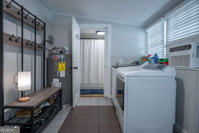 180 Cross St, Maysville, GA 30558 - laundry room featuring electric water heater, washing machine and clothes dryer, tile patterned flooring, and cooling unit